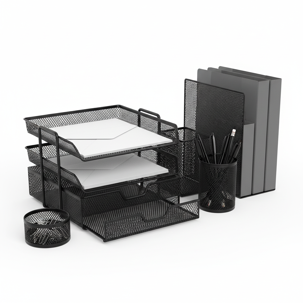 5-piece black metal mesh desk organizer set